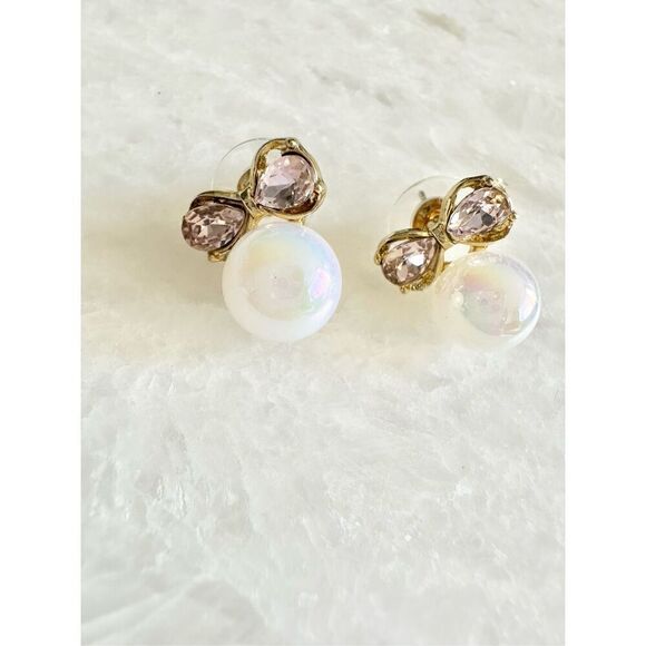 Iridescent, white pearl color earrings with pink rhinestone ￼ - Picture 2 of 2